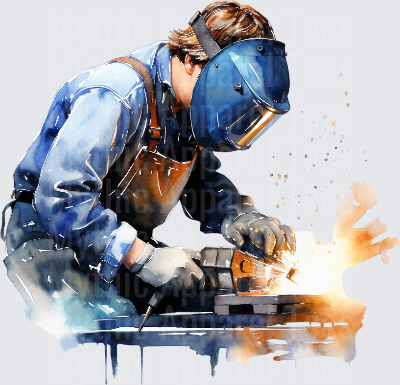 Watercolor Welder With Blue Helmet Sparks Flying Metal Work