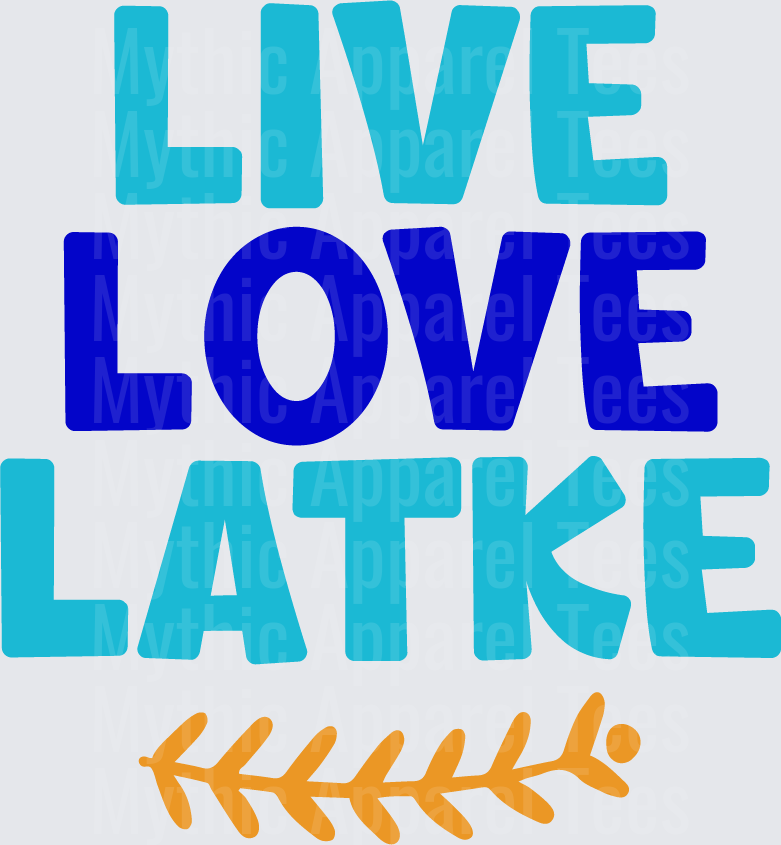 Live Love Latke Hanukkah Typography with Gold Olive Branch Accent in Blue and Teal
