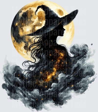 Halloween Gothic Witches Silhouette Full Moon Dark Smoke Gold Sparkles Watercolor