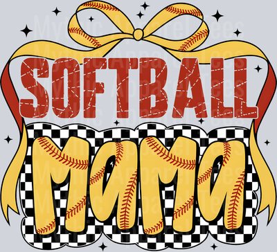 softball mama Yellow bow red words and checkers with softball stiches DTF Softball Transfers