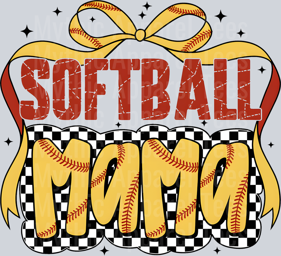 softball mama Yellow bow red words and checkers with softball stiches DTF Softball Transfers