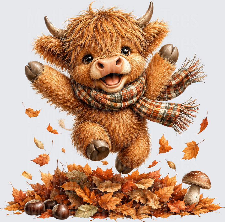 Cute Baby Highland Cow Jumping in Autumn Leaves with Plaid Scarf Acorns and Mushroom Fall Season