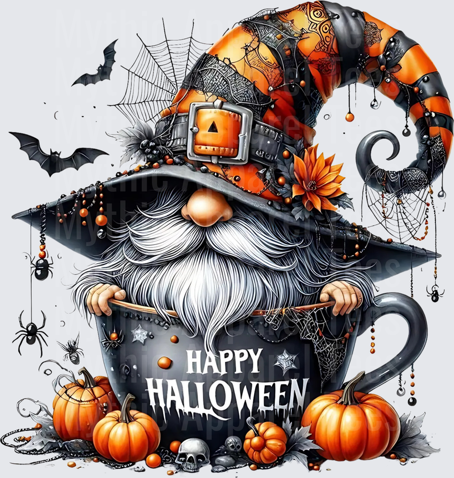 Happy Halloween Witch Gnome Peeking Over Black Mug with Pumpkins Bats and Spiders Orange Black Striped Witch Hat