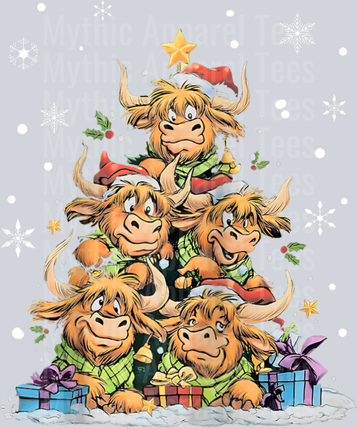 Funny Scottish Highland Cow Xmas Tree Family Christmas Tee Raglan Baseball Tee