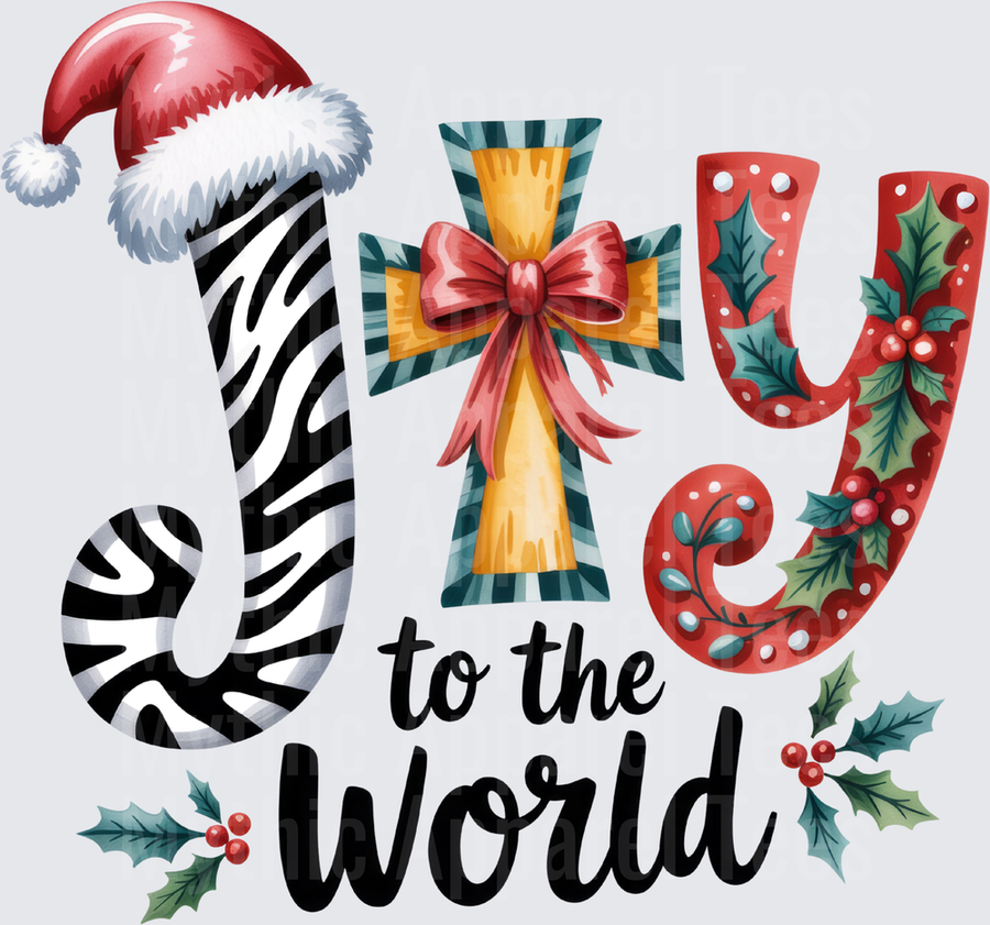 Joy To The World Christmas Christian Cross Santa Hat Zebra Print Holly Berry Holiday Design