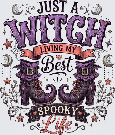 Just A Witch Living My Best Spooky Life Purple Witch Boots Crescent Moons Spider Webs Halloween Typography
