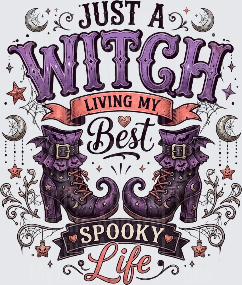 Just A Witch Living My Best Spooky Life Purple Witch Boots Crescent Moons Spider Webs Halloween Typography