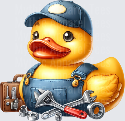 Rubber Duck in Uniform Mechanic Overalls with Tools and Toolbox