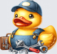 Rubber Duck in Uniform Mechanic Overalls with Tools and Toolbox