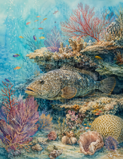 Ocean Animals Grouper Fish Coral Reef Watercolor Seascape