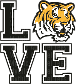 LOVE LSU Tigers Bold Letter Design with Tiger Head Mascot