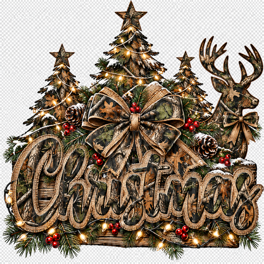 Christmas Camo Mossy Oak Buck Deer Pine Trees Burlap Bow Rustic Script Lettering Holiday Lights Berries Pinecones Country Hunter Design