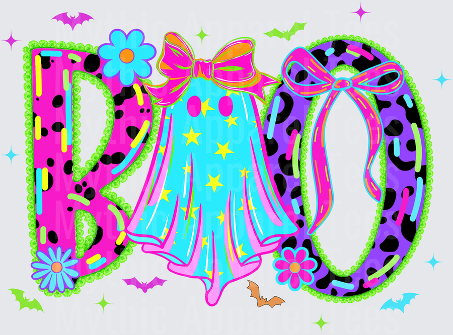 Halloween BOO Letters with Retro Ghost Pink Bow Coquette Leopard Print Daisy Flowers Bats Sparkles Bright Neon Colors