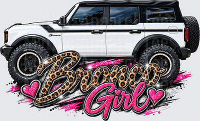 White Ford Bronco 4-Door with Leopard Print and Pink Glitter Bronco Girl Script with Hearts and Pink Brush Strokes