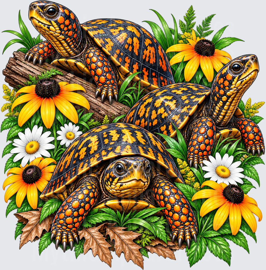 Turtles Three Eastern Box Turtles Nestled Among Black-Eyed Susans Daisies and Lush Greenery with Driftwood
