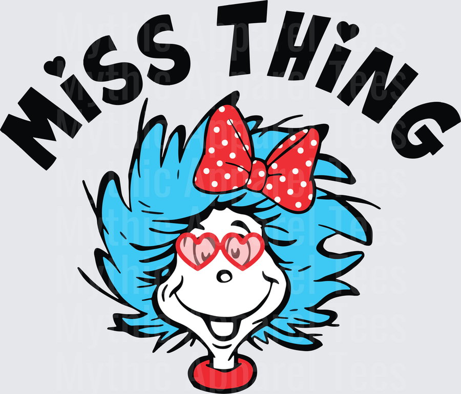 Dr. Seuss Miss Thing Character with Blue Wild Hair Red Polka Dot Bow and Heart Shaped Sunglasses