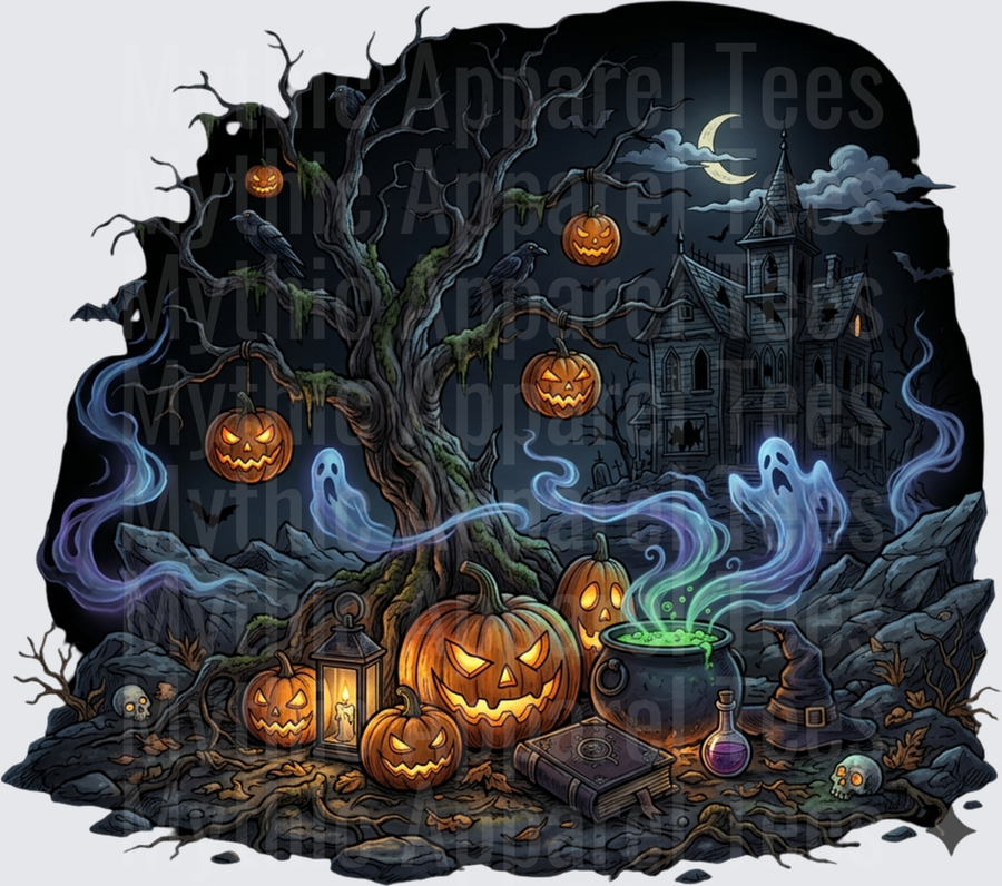 Haunted Halloween Night Scene with Jack-O-Lanterns Hanging from Dead Tree, Glowing Ghosts, Bubbling Witch Cauldron, Spell Book, Crescent Moon, and Gothic Haunted Mansion