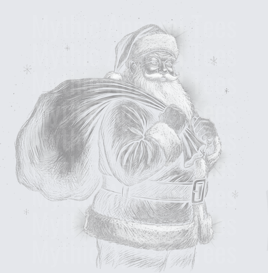 Vintage Sketch Santa Claus Carrying Gift Sack with Snowflakes Holiday Grayscale Illustration