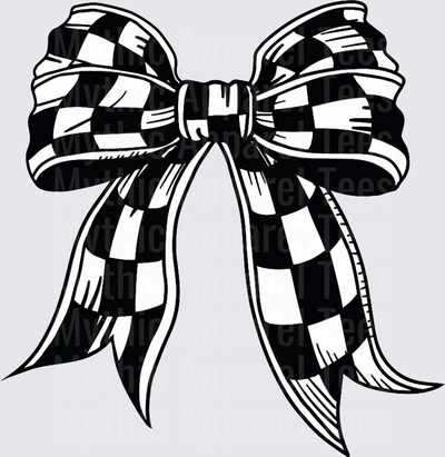 Black and White Checkered Racing Bow with Flowing Ribbon Tails
