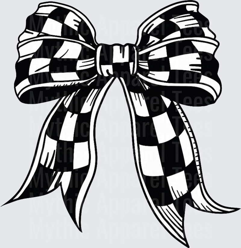 Black and White Checkered Racing Bow with Flowing Ribbon Tails