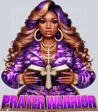 Girl with open bible 8 cross PW Purple Prayer Warrior DTF Religious Transfers