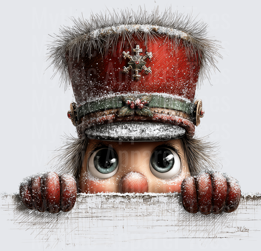 Cute Nutcracker Peeking Over Snowy Ledge with Big Eyes and Red Military Hat Holly Detail