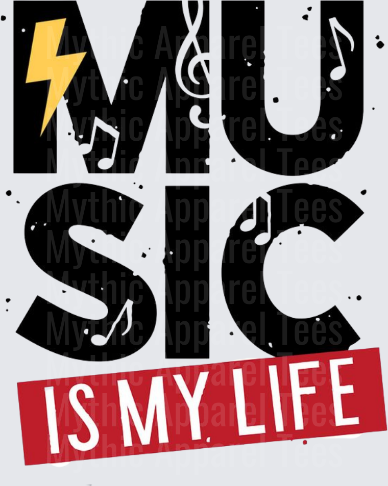 Music Is My Life Bold Graphic with Lightning Bolt and Musical Notes