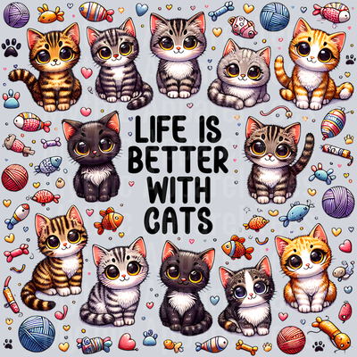 Life Is Better With Cats chibi cats DTF Cat Transfers