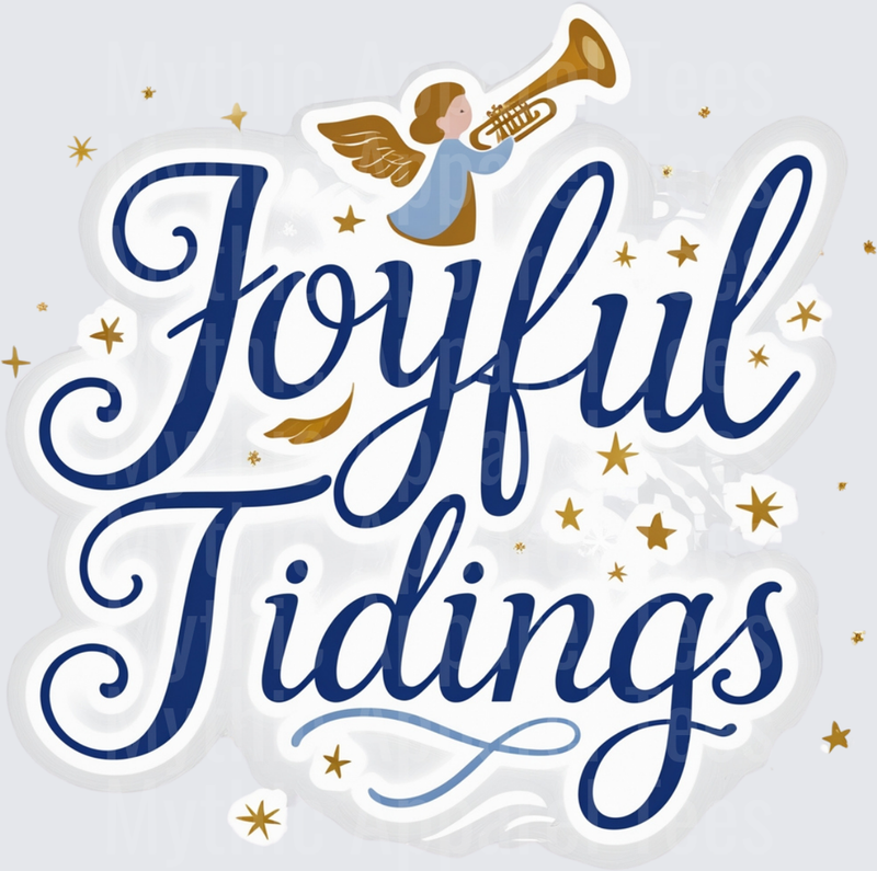 Christmas Joyful Tidings Angel Trumpet Gold Stars Script