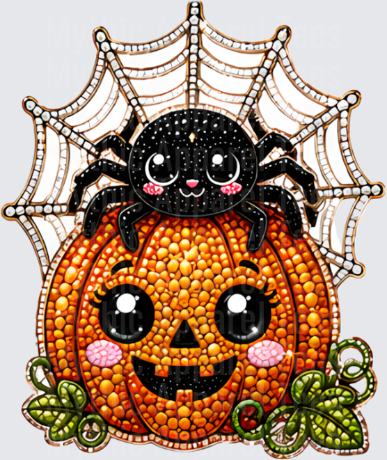 Halloween Bling Cute Kawaii Jack-O-Lantern with Black Spider on Rhinestone Beaded Spiderweb