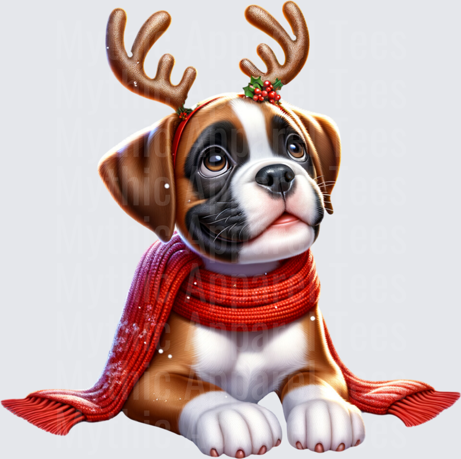 Adorable Boxer Puppy with Reindeer Antlers Holly Headband and Red Knit Scarf Christmas Holiday