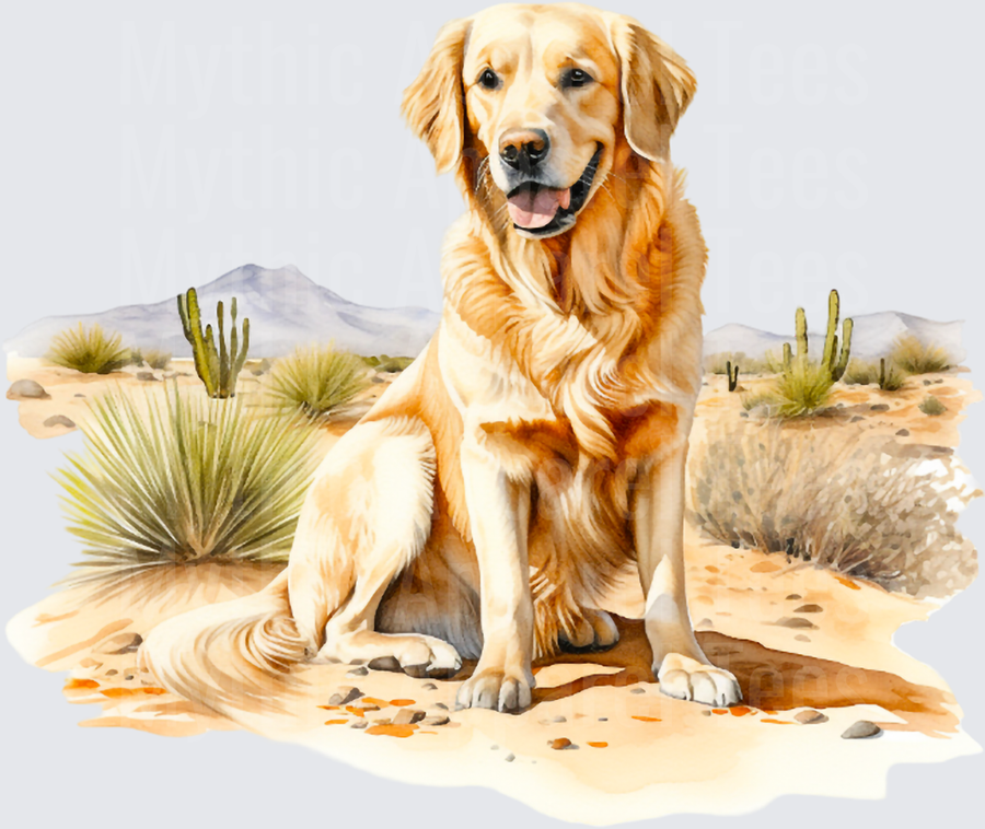 Watercolor Golden Retriever Sitting in Southwest Desert Landscape with Saguaro Cacti and Mountain backdrop