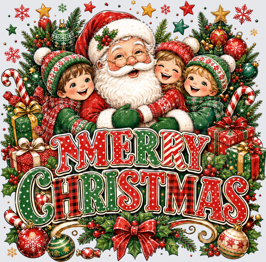Santa Claus Hugging Three Joyful Children Merry Christmas Festive Holiday Design with Ornaments Gifts and Holly