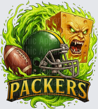 Green Bay Packers Fierce Cheesehead Monster Green Flames Football Helmet And Ball Graphic