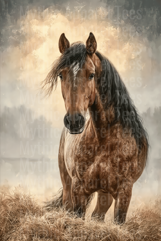 Majestic Bay Horse with Dark Flowing Mane Standing in Golden Hay Painterly Portrait