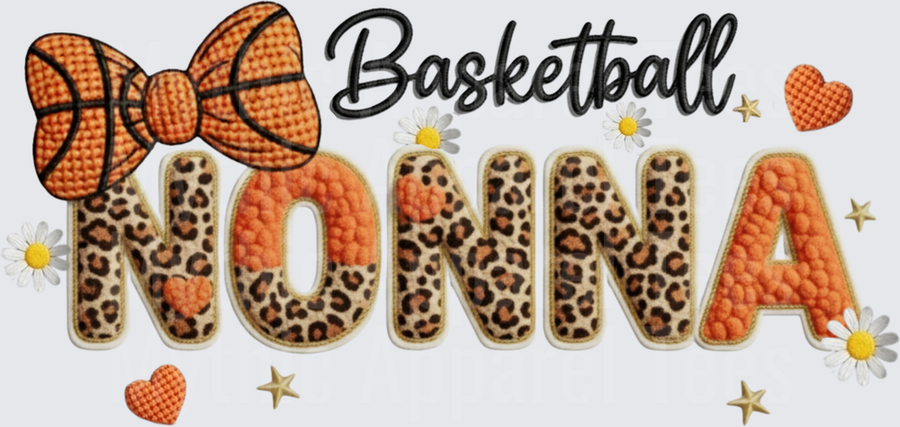 Basketball Nonna Leopard Print Chenille Letter Design with Basketball Bow Daisy Accents and Hearts