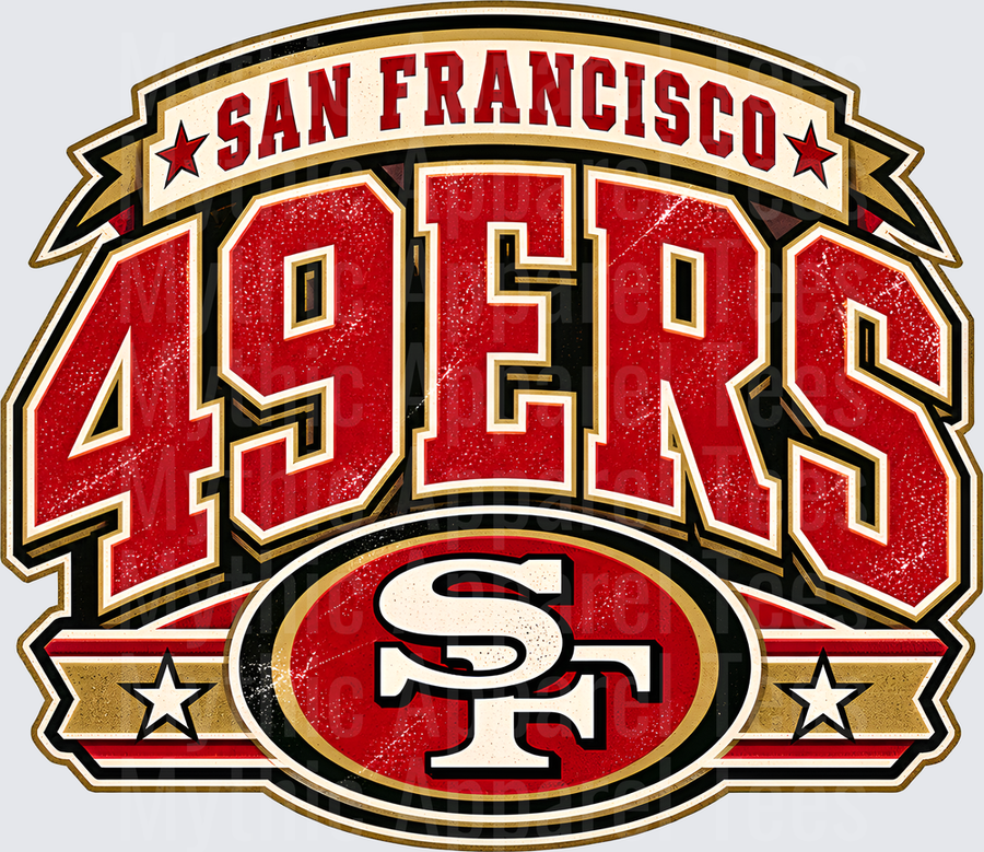 San Francisco 49ers Vintage Retro Bold Logo Design with SF Emblem Stars and Gold Banner