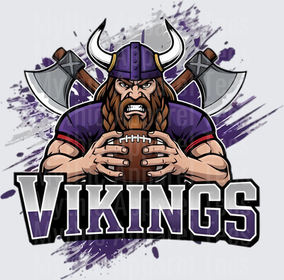 Fierce Vikings Mascot Football Player with Horned Helmet Crossed Axes Purple Splatter