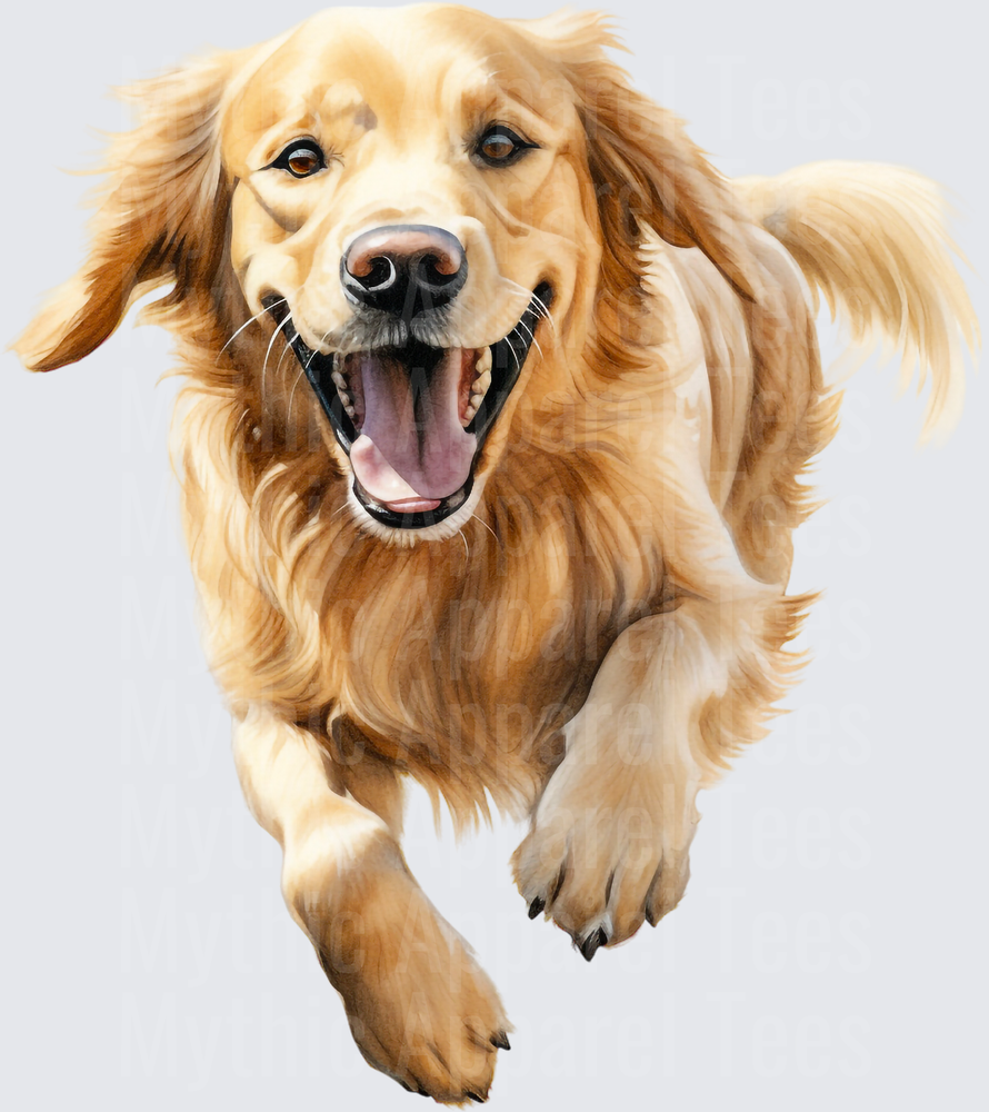 Happy Golden Retriever Running Through The Park Watercolor Portrait