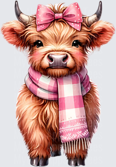 Highland Christmas Cow Pink Bow Plaid Scarf Cute Fluffy Calf