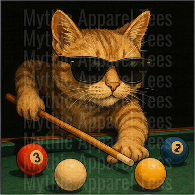 Cool Orange Tabby Cat Wearing Sunglasses Playing Pool Billiards with Cue Stick