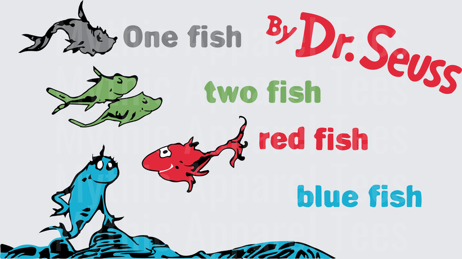 Dr. Seuss One Fish Two Fish Red Fish Blue Fish Classic Book Cover Design with Colorful Fish Characters
