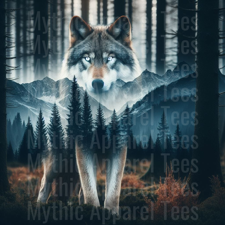 Majestic Wolf Double Exposure with Misty Mountain Pine Forest Wilderness Scene