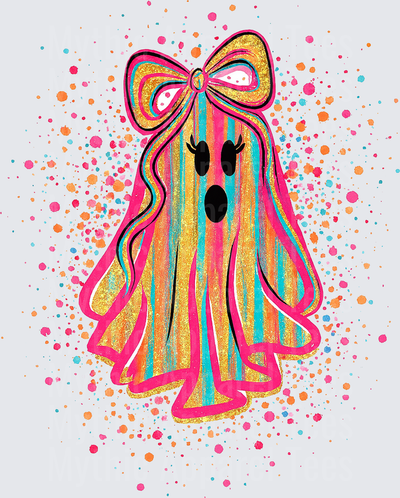 Halloween Retro Groovy Ghost with Pink Bow and Colorful Stripe Glitter Watercolor Splash