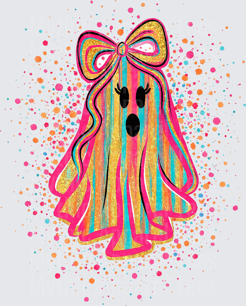 Halloween Retro Groovy Ghost with Pink Bow and Colorful Stripe Glitter Watercolor Splash