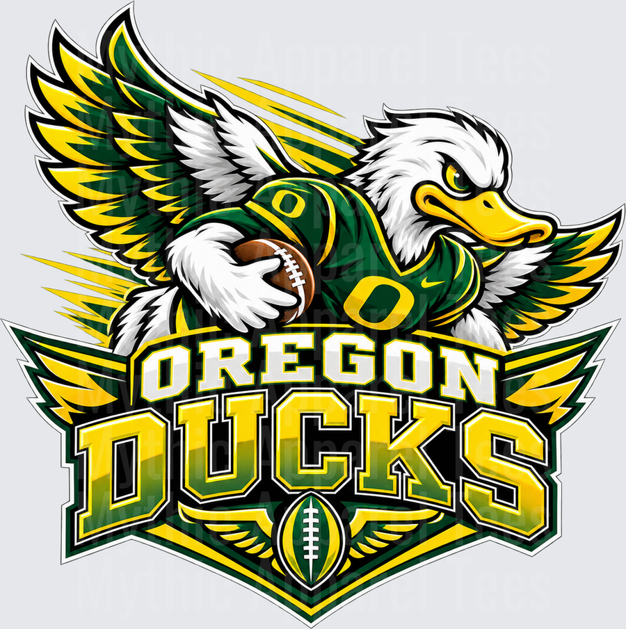 Football Oregon Ducks Mascot Duck Wearing Green and Yellow Jersey Holding Football with Wings Spread