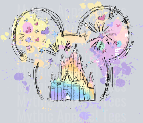 Short ears disney castle pink and blue and yellow DTF Disney Castle Transfers