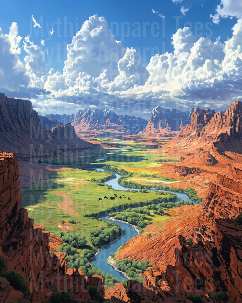 Dinosaur National Monument Canyon River Valley Aerial View with Grazing Bison and Dramatic Red Rock Cliffs