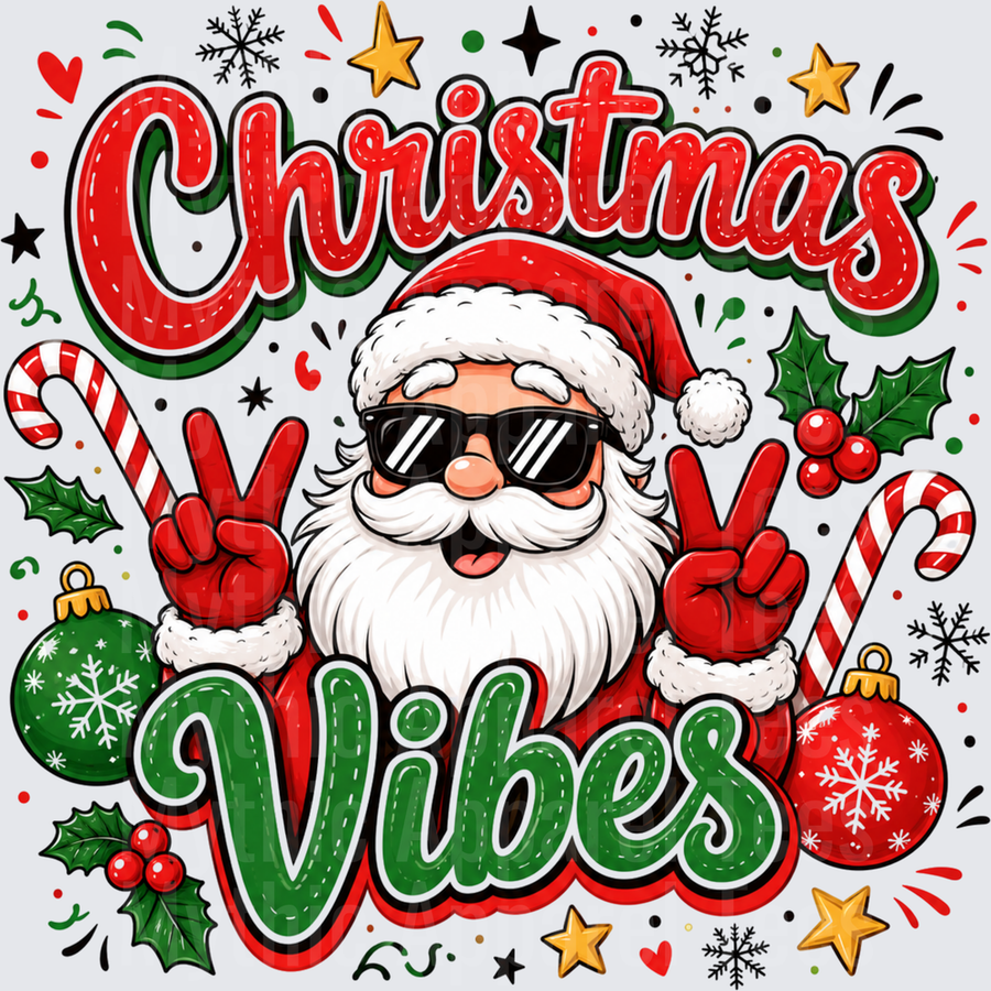 Christmas Vibes Cool Santa Claus Wearing Sunglasses Peace Signs Candy Canes Holly Ornaments Snowflakes