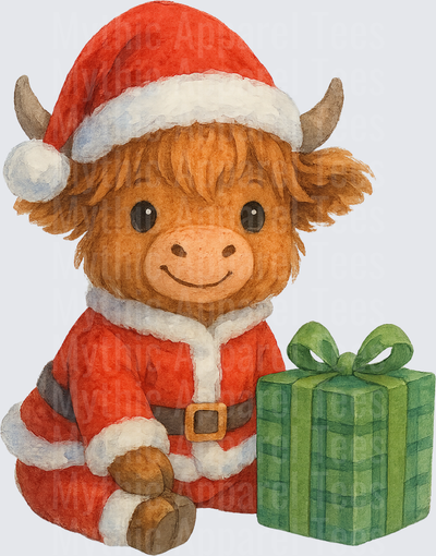 Highland Christmas Cow Baby Santa Suit Green Gift Watercolor